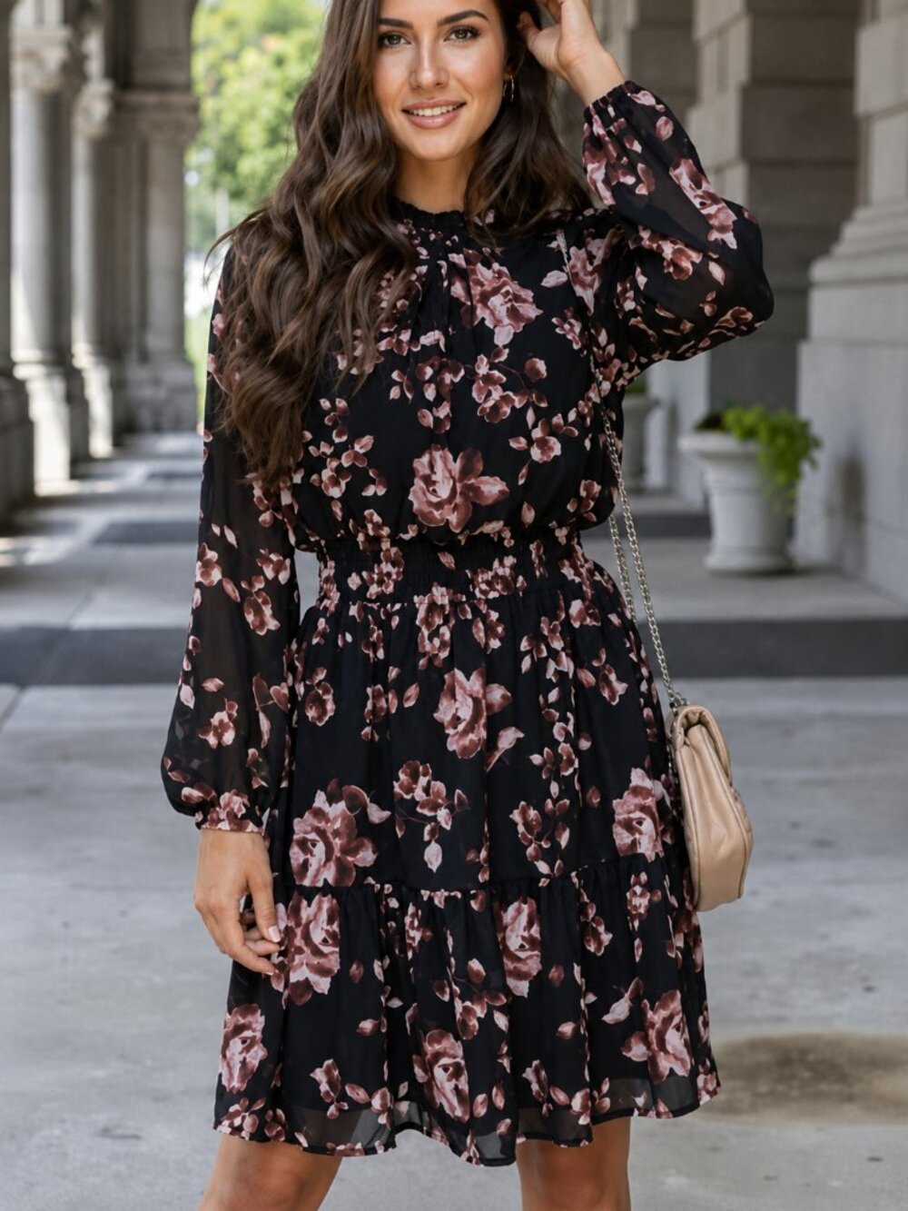 Grace & Lace Black Mauve Floral Long Sleeve Blouse Top Size Small